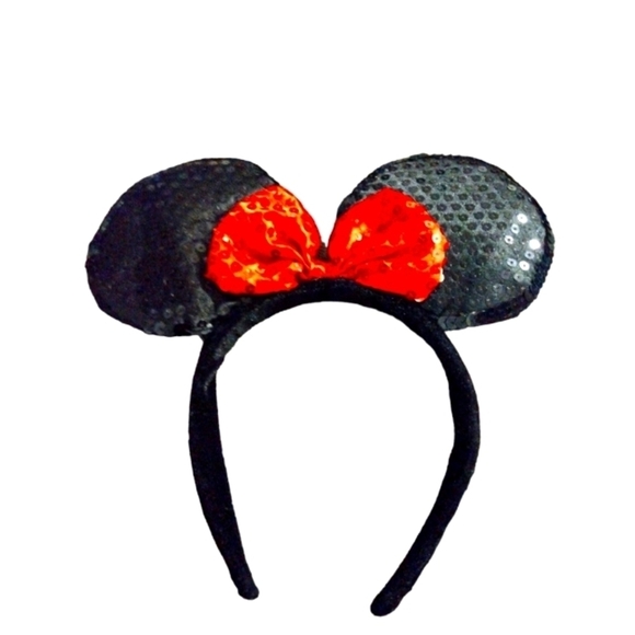 Minnie Mouse Sequined Headband Ears Disney Black & Red Bow - Picture 1 of 7